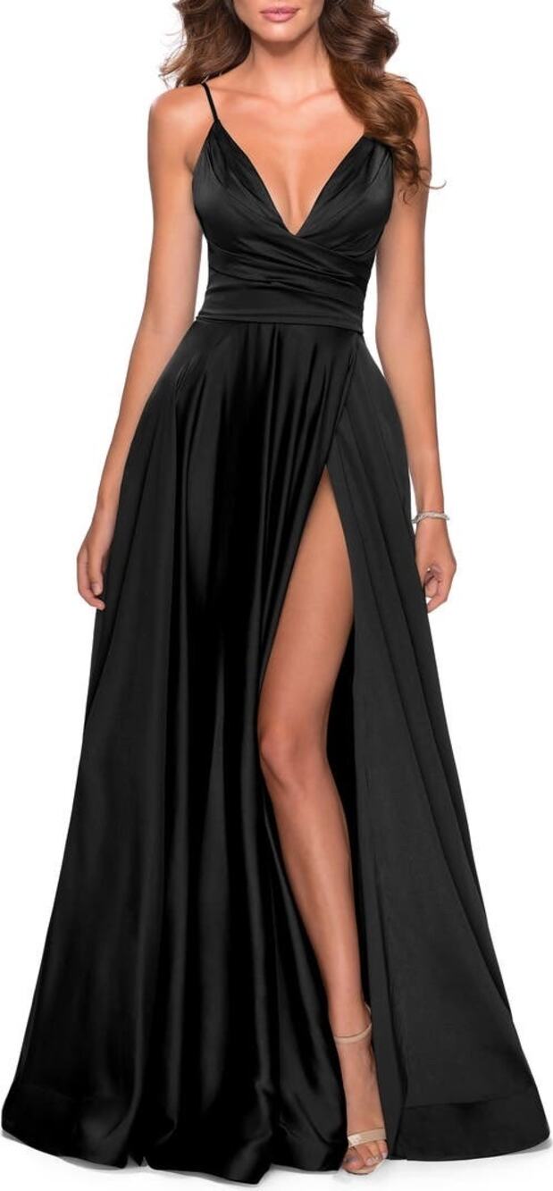 La Femme Black Long Satin Prom Gown Dress with Side Slit Full Skirt Size 0 NWT